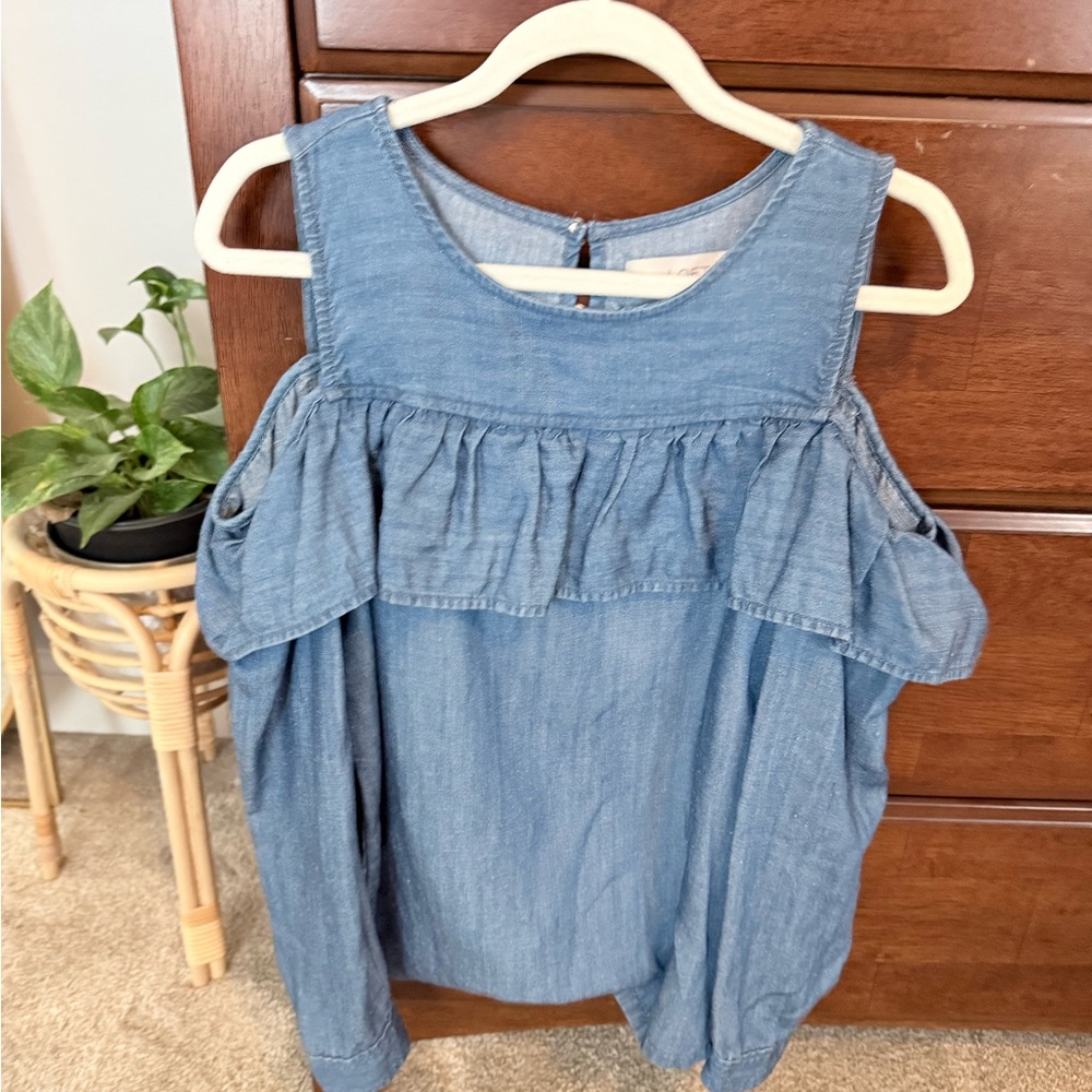 LOFT Chambray Cold-Shoulder Ruffle Top — Light Blue